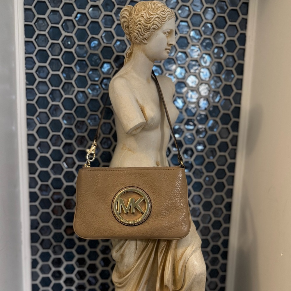 Michael Kors Wristlet Wallet Bright Camel Pebble Leather with MK Gold LOGO